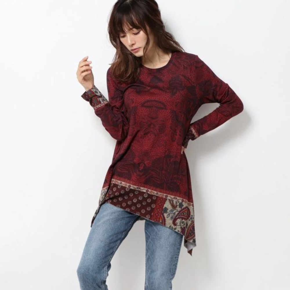 Desigual‎ Asymmetric Boho Tunic Arabesque Wilma Casual Parsley Shirt Top XS